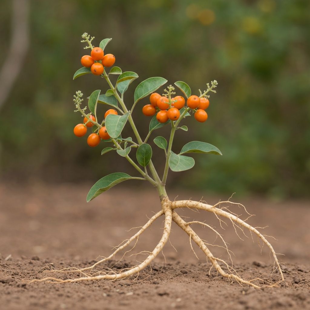 Ashwagandha plant with orange berries and roots