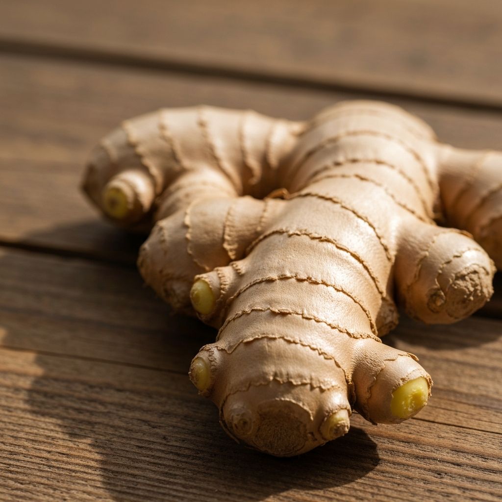 Fresh ginger root on natural wooden surface
