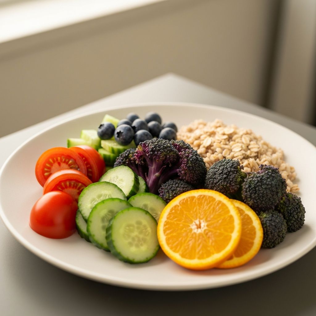 Healthy balanced meal with vegetables, fruits, and whole grains