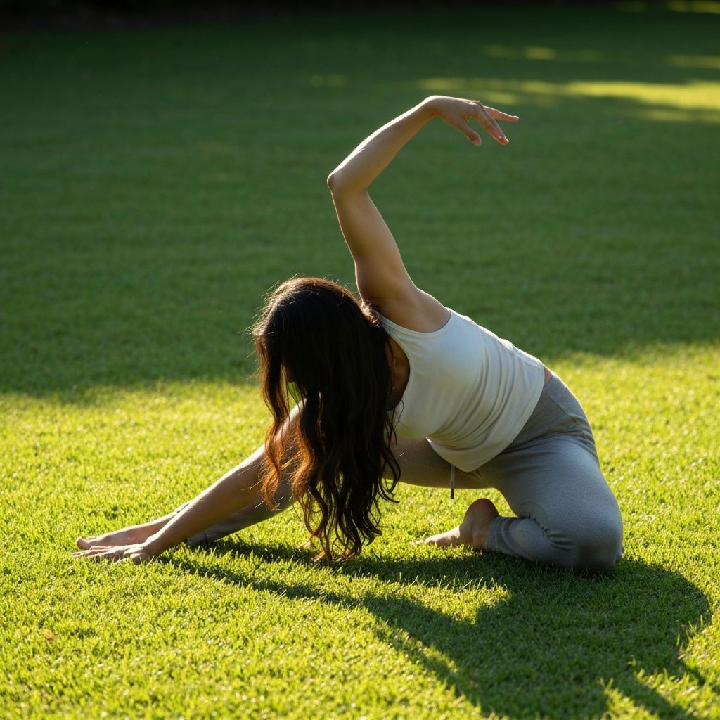 Person doing gentle yoga stretching in peaceful natural environment