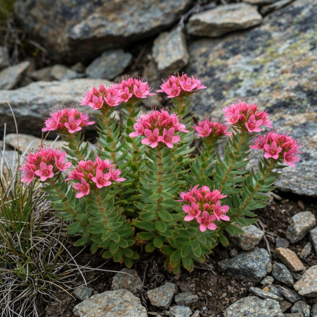 Rhodiola Rosea plant with pink-red flowers in alpine environment